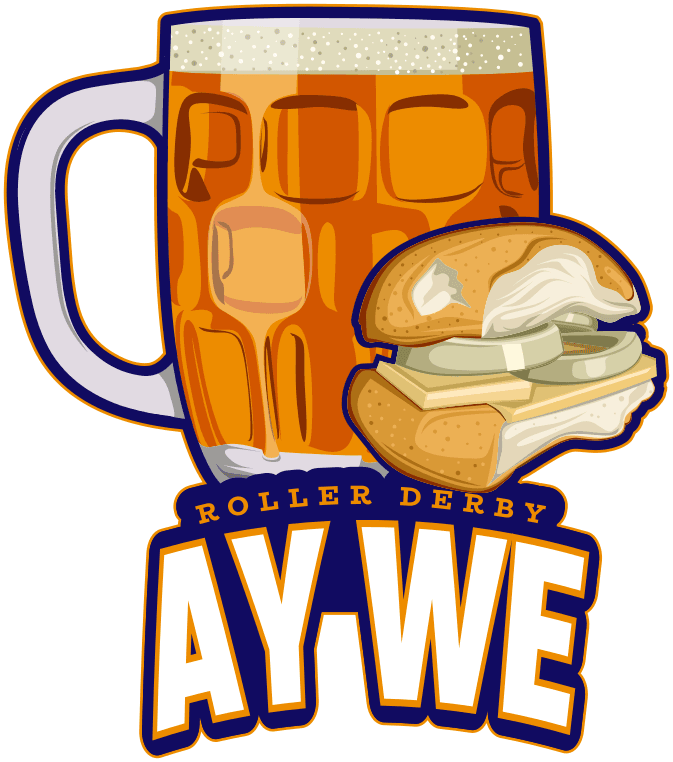 Roller Derby Ay We! logo - The logo is of a pint of beer and a cob in a traditional American Sports team logo style.